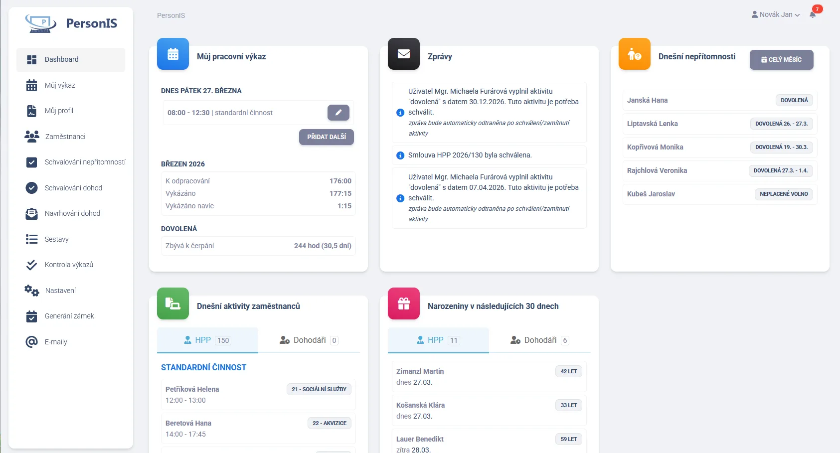 Ukázka obrazovek PersonIS: dashboard, karta zaměstnance a schvalování nepřítomností